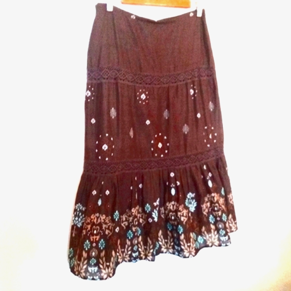Reitman's Women's Vintage Bohemian Tiered Cotton Skirt with Voile Trim Medium